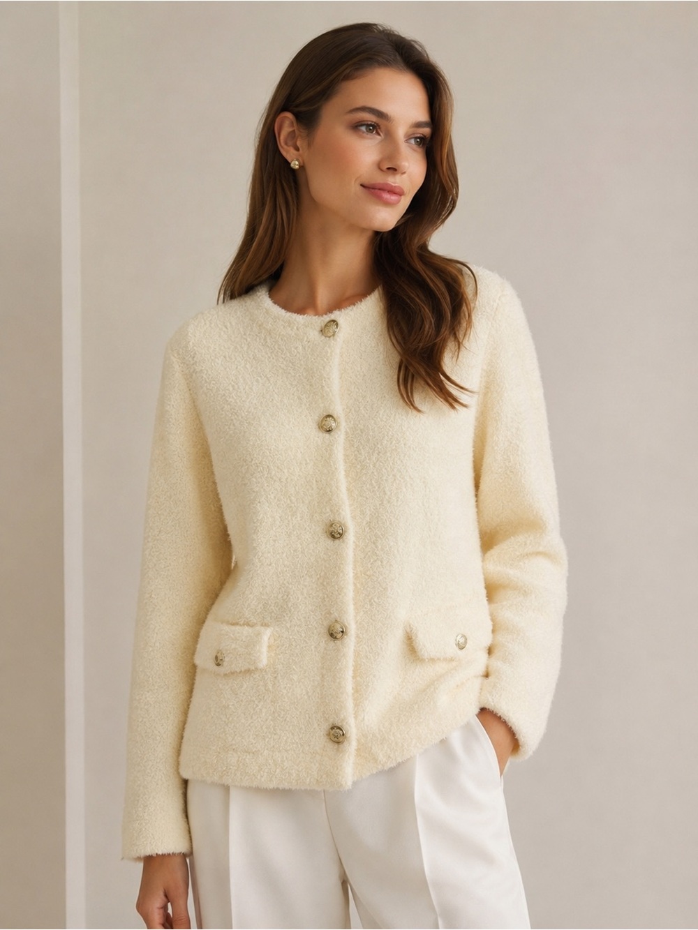 J Crew Ivory Eyelash Knit Cardigan Sweater Gold Button Soft Cozy US M